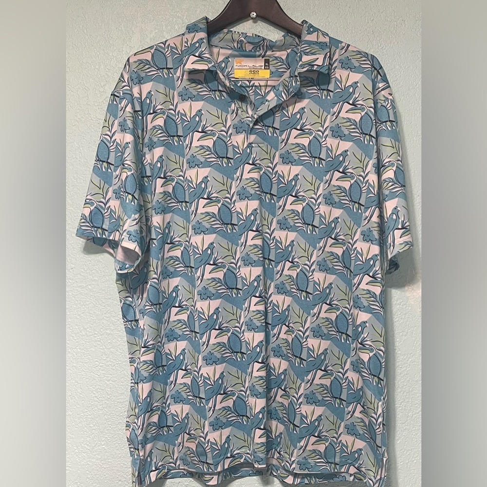 Jack Nicklaus Eco Choice Blue Toucan Tropical Bird Golf Polo Shirt Mens Size XL